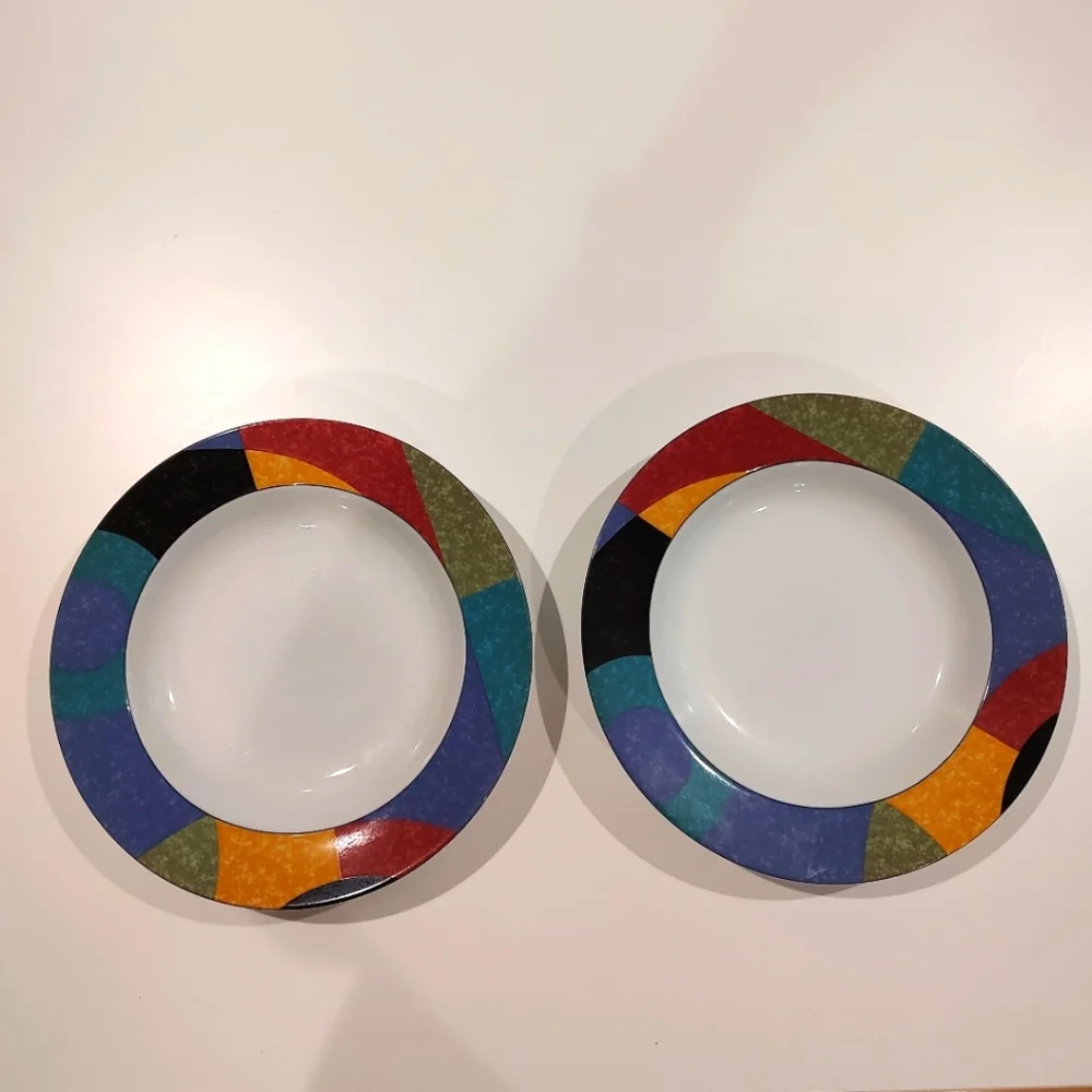 Mikasa Currents Rim Soup Bowls Set of Two Porcelain Red Yellow Blue Blac…